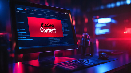 Blocked Content, Antivirus, VPN Interface Style,  App promo materials, privacy protection banners, secure web tools, VPN or antivirus ad visuals, cybersecurity presentation slides, 