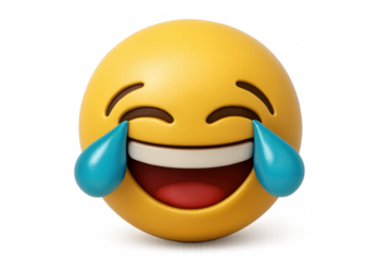 3d laughing emoji with happy tears, digitally rendered on transparent backdrop, perfect for graphic design projects