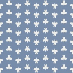 A seamless pattern features white birds and figures in the shape of a cross on a muted blue background, creating an orderly and repetitive design. The pattern balances simplicity with visual interest.
