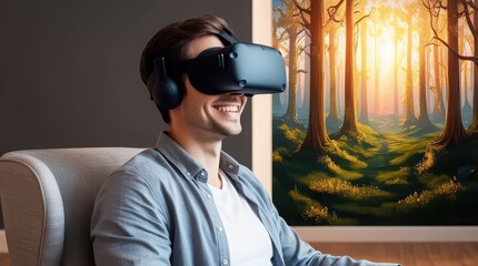 Man smiling while wearing a vr headset and sitting in a chair with a forest painting behind him