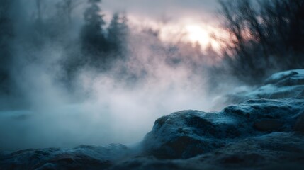 Misty steam rising from a hot spring on a cold morning