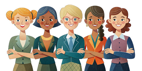 set of business woman collection professionals standing confidently with arms crossed and smiling. Formal attire, diverse characters, office theme, isolated on white background