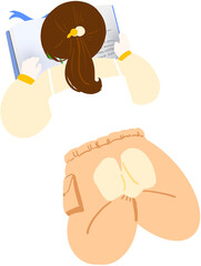 독서 일러스트. 머리를 묶은 여자 사람이 누워서 책을 보고 있다.