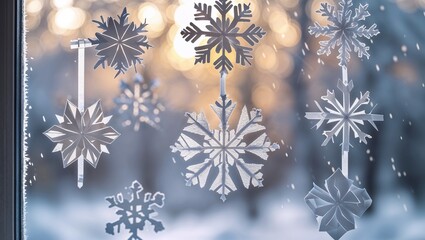 Snowflakes Cutouts on Window,  Snowflakes cutouts on window with winter atmosphere and blurred trees in background
