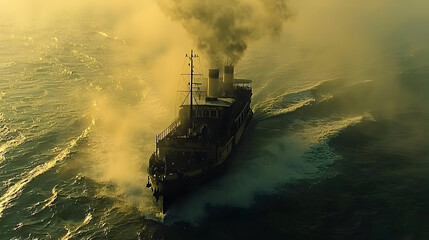 Fototapeta premium Steamer vessel cuts through misty water. Dark hull, billowing smoke, golden sunrise hues. High angle view