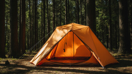 A bright orange tent rests on green grass, opened for comfort. AI generated.