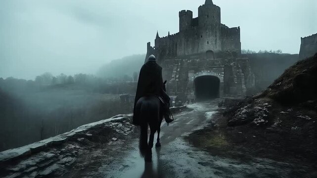 Cloaked Rider Approaches Misty Castle Through Wet Muddy Path