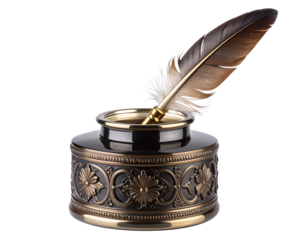 Front View of Vintage Quill Pen Resting in Ornate Inkpot with Detailed Engravings, Isolated on Transparent Background PNG