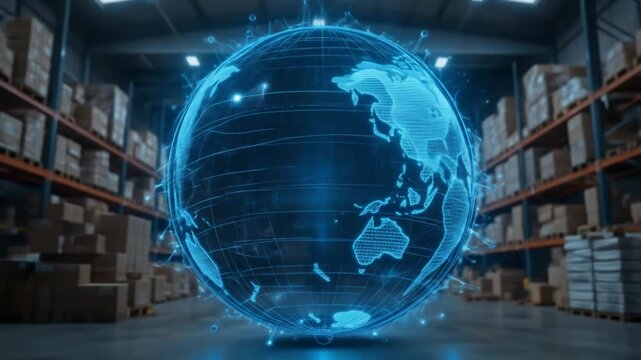 A digital globe in a warehouse symbolizes global supply chain connectivity. 4k video - Powered by Adobe