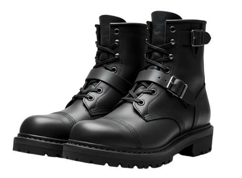 Black leather combat boots with buckle detail isolated on transparent background