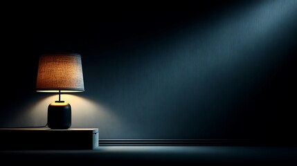 Minimalistic bedroom scene with a turned-off desk lamp on a wooden nightstand, immersed in deep shadows, illustrating themes of rest, energy pause, silence, and detachment.
