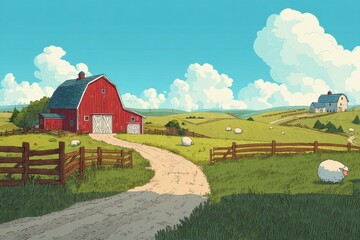 Pixel Art Rural Landscape Red Barn and Sheep in Sunny Field
