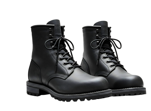 Black leather combat boots with buckle detail isolated on transparent background