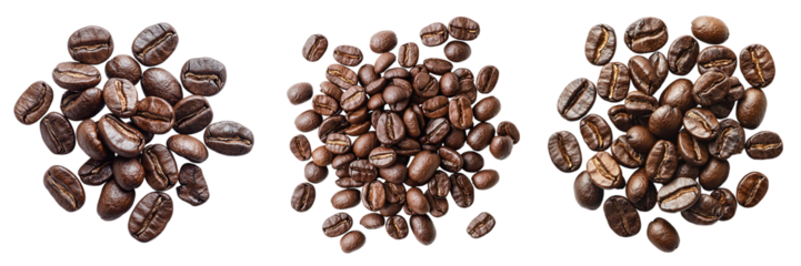 Set of small piles of coffee beans isolated on transparent background PNG