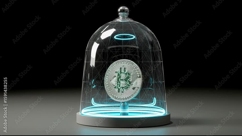 Poster clock inside a glass dome representing the passage of time with a crypto coin hovering in a neon env
