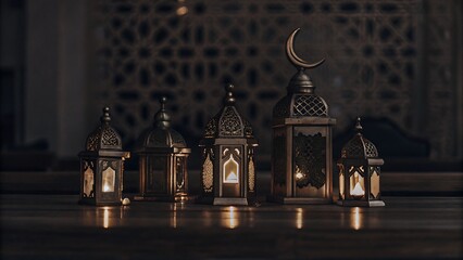 Obraz premium Golden lanterns glow, radiating a warm light during the Ramadan celebration in front of an Islamic patterned screen.