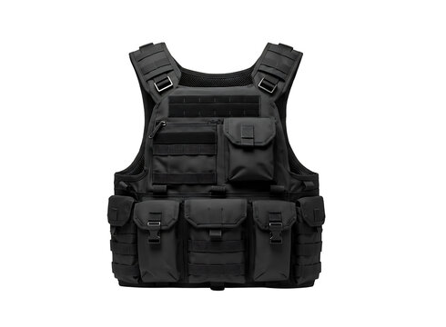 Black tactical vest with multiple pockets isolated on transparent background