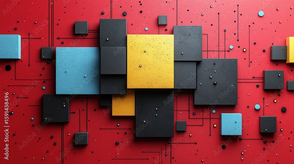 Poster abstract arrangement of colorful 3d geometric shapes on a red surface