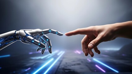 A symbolic image of a human hand reaching out to touch a robotic hand, representing collaboration, connection, and the integration of humanity with advanced technology.