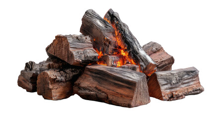 A partially extinguished pile of firewood logs, with flickering flames and soft glowing embers, isolated on transparent background