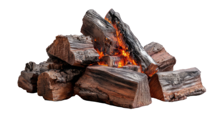 A partially extinguished pile of firewood logs, with flickering flames and soft glowing embers, isolated on transparent background