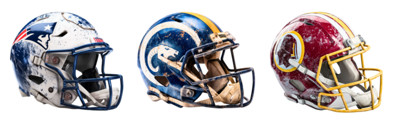 Set of American football helmets with face masks team logos and weathered paint textures isolated on a white or transparent background
