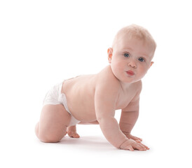 Cute little baby crawling on white background