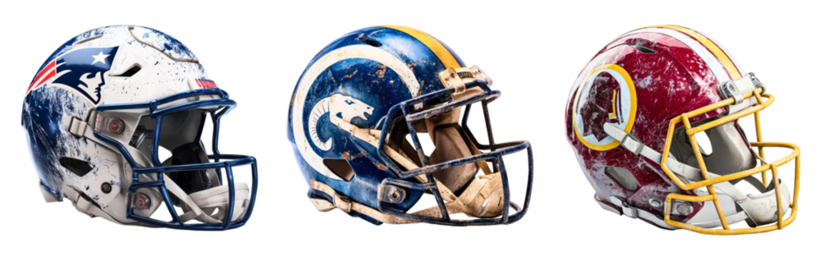 Set of American football helmets with face masks team logos and weathered paint textures isolated on a white or transparent background - Powered by Adobe