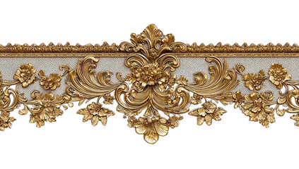 An ornate gold and off-white decorative border featuring a central floral motif flanked by symmetrical swirling acanthus leaves and smaller floral accents