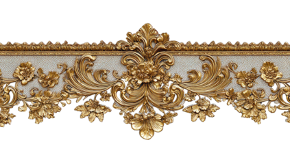 An ornate gold and off-white decorative border featuring a central floral motif flanked by symmetrical swirling acanthus leaves and smaller floral accents
