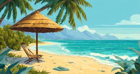 Naklejka premium Pixel Art Tropical Beach Scene Sunny Day, Thatched Umbrella, Lounge Chair