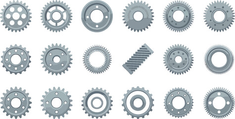 "Vector Set of 18 Industrial and Engine Mechanical Gear Icons – Heavy Duty Engineering Components for Machinery and Automotive Use"

