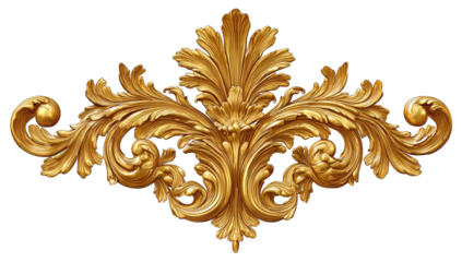 An ornate, gold, symmetrical design featuring intricate, swirling, leaf-like patterns and rounded accents on either side, evoking a sense of luxury and classical elegance
