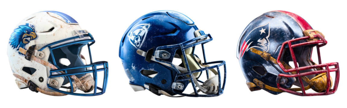 Collection of American football helmets featuring scuffed paint team branding and face protection isolated on a white or transparent background - Powered by Adobe