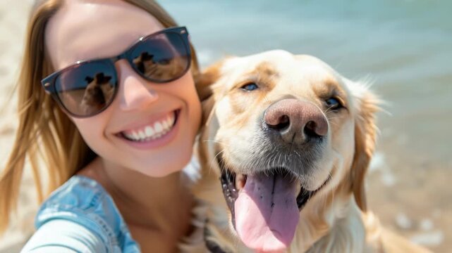 A woman takes a selfie with her loyal dog by her side