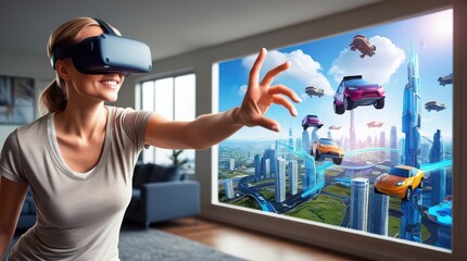 Woman using virtual reality headset interacting with futuristic city and flying cars scene