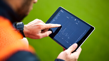 Man is holding a tablet and pointing at a screen