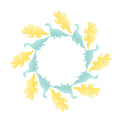 A circular arrangement of cartoon dinosaurs in pastel colors. The dinosaurs include yellow triceratops and blue sauropods, creating a playful and whimsical design. Vector illustration © AlenchikRogach