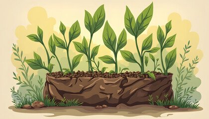 Illustration of young green plants growing in a brown soil-filled bag, with a soft background.