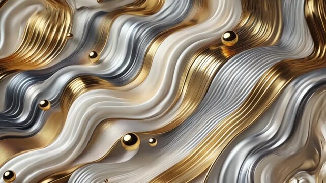 Abstract background with flowing metallic gold and silver waves mixed with silky white textures
