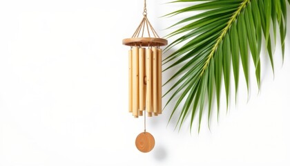 a high resolution, ultra sharp isolated wind chime handcrafted from palm leaf, placed on a pure white background with no shadow or minimal soft shadows only