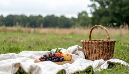 Peaceful picnic scene with fruit and basket.