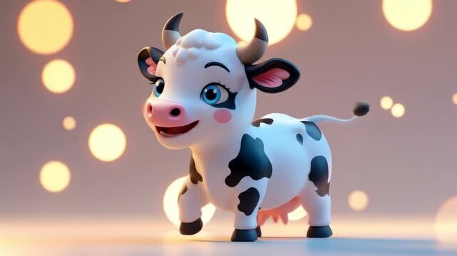 Adorable cartoon cow with blue eyes and glossy skin, digitally illustrated