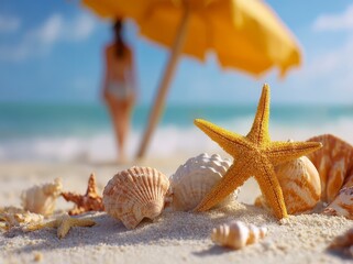 Seashells and Golden Starfish on Sunny Beach