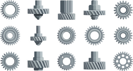 Vector Set of 15 Mixed Type Mechanical Gears – Bevel, Spur, Helical and More Industrial Gear Icons on White Background"