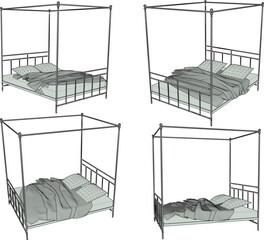 Vector sketch illustration of a classic, vintage, ethnic, traditional iron bed design