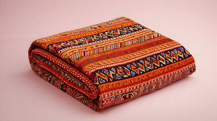 Folded textile with vibrant, patterned stripes.  Intricate geometric designs in oranges, reds, golds, blues, and blacks create a bold, ethnic look