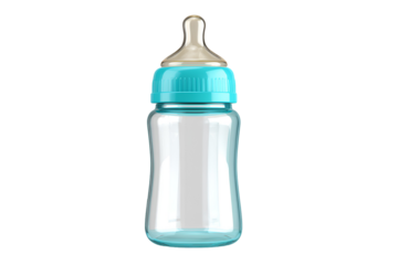 Close up of a clear baby bottle with a teal cap and nipple isolated on transparent background