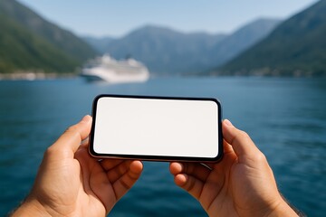 Horizontal image of a smartphone in landscape orientation with blank screen held in front of a distant cruise ship across a calm bay. Background softly blurred, bright daylight, resembling Kotor Bay.	