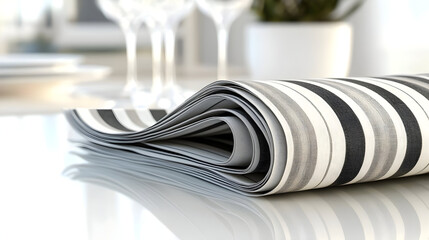 Folded striped table cloth, grey and white.  Close-up